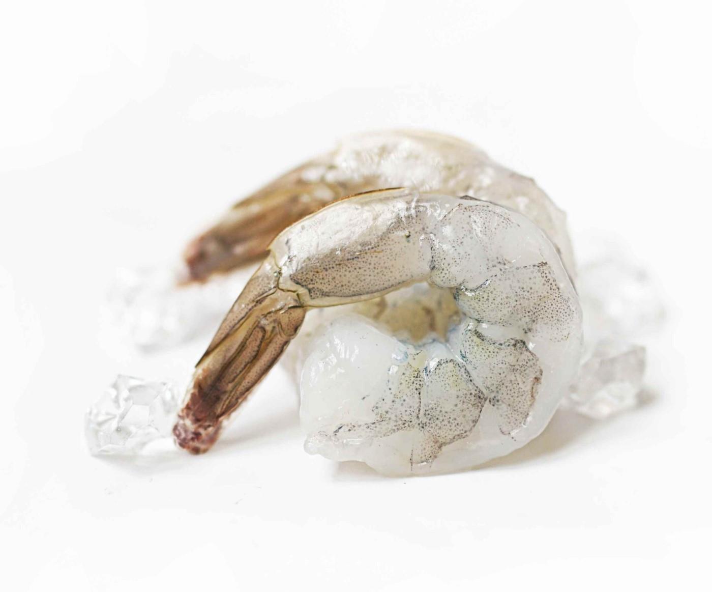 Vannamei prawns, peeled, deveined, tail on, raw, 26/30, 20% glaze, 1 k