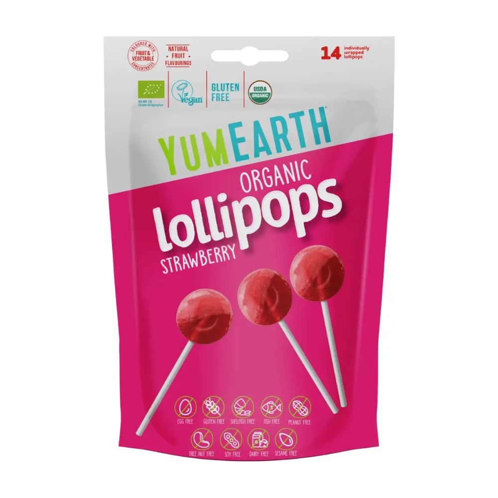 Strawberry-flavored lollipops on a stick, organic